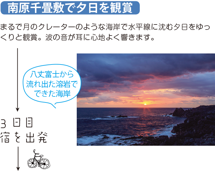 南原千畳敷で夕日を鑑賞 まるで月のクレーターのような海岸で水平線に沈む夕日をゆっくりと鑑賞。波の音が耳に心地よく響きます。 3日目 宿を出発
