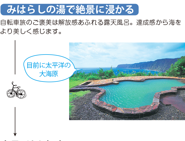 みはらしの湯で絶景に浸かる 自転車旅のご褒美は解放感あふれる露天風呂。達成感から海をより美しく感じます。