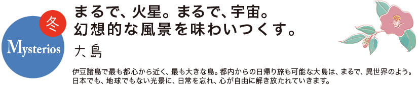 冬 Mysterios まるで、火星。まるで、宇宙。幻想的な風景を味わいつくす。大島 伊豆諸島で最も都心から近く、最も大きな島。都内からの日帰り旅も可能な大島は、まるで、異世界のよう。日本でも、地球でもない光景に、日常を忘れ、心が自由に解き放たれていきます。