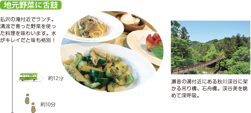 地元野菜に舌鼓 払沢の滝付近でランチ。清流で育った野菜を使った料理を味わいます。水がキレイだと味も格別! 瀬音の湯付近にある秋川渓谷に架かる吊り橋、石舟橋。渓谷美を眺めて深呼吸。