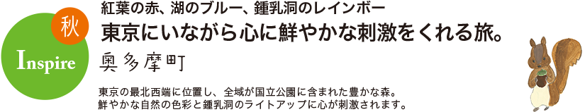 秋 Inspire 紅葉の赤、湖のブルー、鍾乳洞のレインボー 東京にいながら心に鮮やかな刺激をくれる旅。 奥多摩町 東京の最北西端に位置し、全域が国立公園に含まれた豊かな森。鮮やかな自然の色彩と鍾乳洞のライトアップに心が刺激されます。