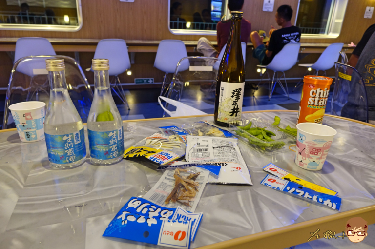 Sake on the ship for a late-night snack, cheers!