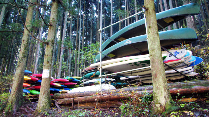The boats were placed amidst the mountain forest by the riverbank.