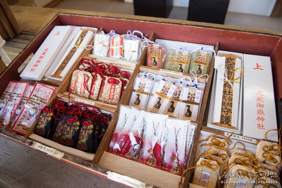 There are amulets for sale at Musashimitake Shrine