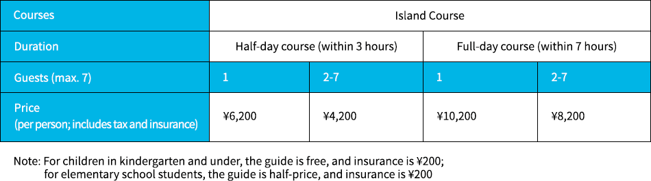 Courses:Island Course Duration:Half-day course (within 3 hours) Guests (max. 7) Price (per person; includes tax and insurance): 1 ￥6,200 2-7 ￥4,200 Duration:Full-day course (within 7 hours) Guests (max. 7) Price (per person; includes tax and insurance):1 ￥10,200 2+7 ￥8,200