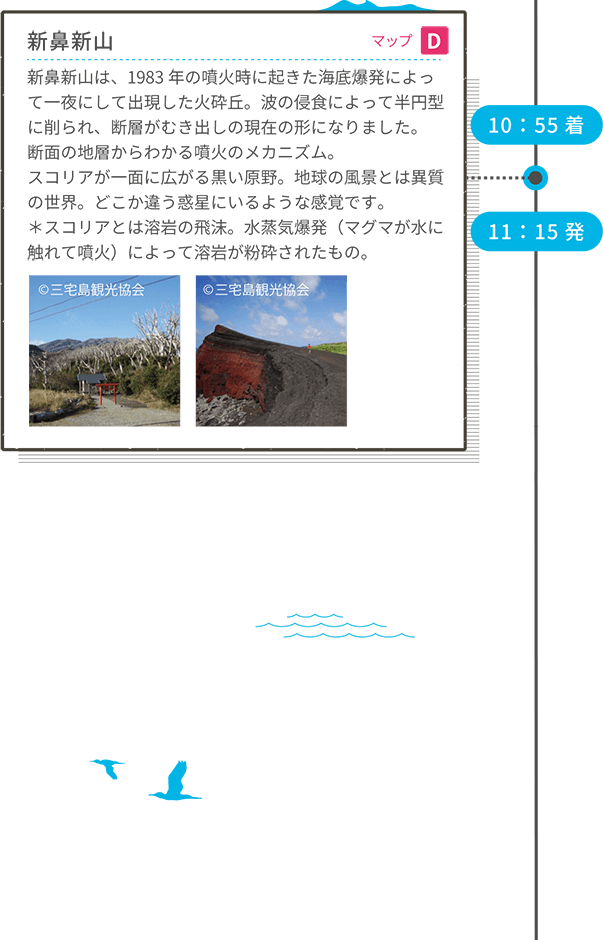 10:55着 新鼻新山 マップD 新鼻新山は、1983年の噴火時に起きた海底爆発によって一夜にして出現した火砕丘。波の侵食によって半円型に削られ、断層がむき出しの現在の形になりました。断面の地層からわかる噴火のメカニズム。スコリアが一面に広がる黒い原野。地球の風景とは異質の世界。どこか違う惑星にいるような感覚です。*スコリアとは溶岩の飛沫。水蒸気爆発(マグマが水に触れて噴火)によって溶岩が粉砕されたもの。 11:15発