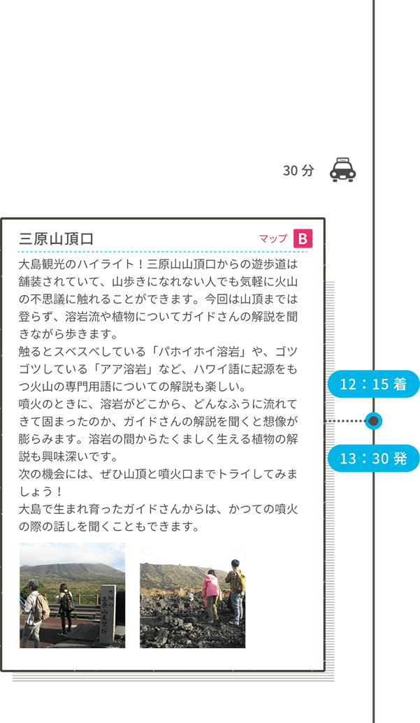 タクシー30分 12:15着 三原山頂口 マップB 大島観光のハイライト!三原山山頂口からの遊歩道は舗装されていて、山歩きになれない人でも気軽に火山の不思議に触れることができます。今回は山頂までは登らず、溶岩流や植物についてガイドさんの解説を聞きながら歩きます。触るとスベスベしている「パホイホイ溶岩」や、ゴツゴツしている「アア溶岩」など、ハワイ語に起源をもつ火山の専門用語についての解説も楽しい。噴火のときに、溶岩がどこから、どんなふうに流れてきて固まったのか、ガイドさんの解説を聞くと想像が膨らみます。溶岩の間からたくましく生える植物の解説も興味深いです。次の機会には、ぜひ山頂と噴火口までトライしてみましょう!大島で生まれ育ったガイドさんからは、かつての噴火の際の話しを聞くこともできます。 13:30発