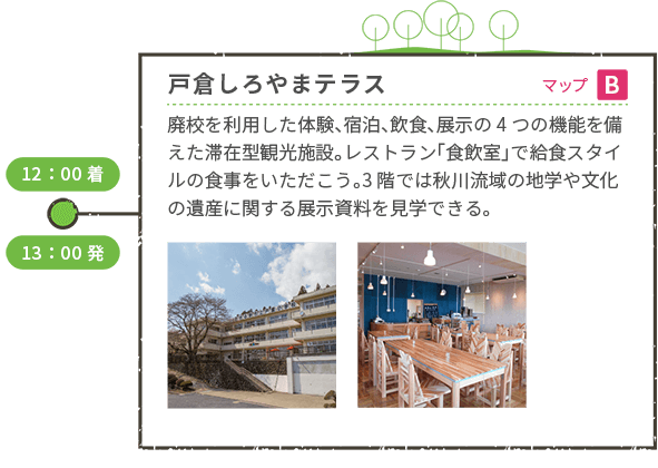 <車移動> 12:00着 戸倉しろやまテラス(マップB) 廃校を利用した体験、宿泊、飲食、展示の4つの機能を備えた滞在型観光施設。レストラン「食飲室」で給食スタイルの食事をいただこう。3階では秋川流域の地学や文化の遺産に関する展示資料を見学できる。 13:00発 <車移動>