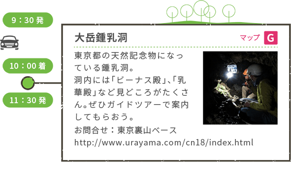 9:30発 <車移動> 10:00着 大岳鍾乳洞(マップG) 東京都の天然記念物になっている鍾乳洞。洞内には「ビーナス殿」、「乳華殿」など見どころがたくさん。ぜひガイドツアーで案内してもらおう。 お問合せ:東京裏山ベース http://www.urayama.com/cn18/index.html 11:30発 <車移動>