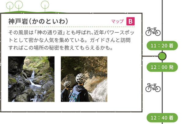 <自転車移動> 11:20着 神戸岩(かのといわ)(マップB) その風景は「神の通り道」とも呼ばれ、近年パワースポットとして密かな人気を集めている。ガイドさんと訪問すればこの場所の秘密を教えてもらえるかも。 12:00発 <自転車移動>