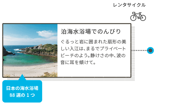 レンタサイクル 泊海水浴場でのんびり ぐるっと岩に囲まれた扇形の美しい入江は、まるでプライベートビーチのよう。静けさの中、波の音に耳を傾けて。 日本の海水浴場88選の1つ