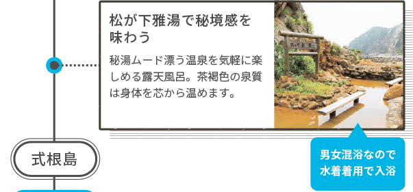 松が下雅湯で秘境感を味わう 秘湯ムード漂う温泉を気軽に楽しめる露天風呂。茶褐色の泉質は身体を芯から温めます。 式根島