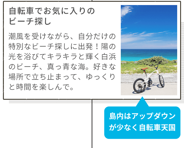 自転車でお気に入りのビーチ探し 潮風を受けながら、自分だけの特別なビーチ探しに出発!陽の光を浴びてキラキラと輝く白浜のビーチ、真っ青な海。好きな場所で立ち止まって、ゆっくりと時間を楽しんで。