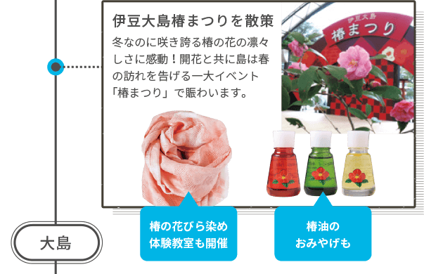 伊豆大島椿まつりを散策 冬なのに咲き誇る椿の花の凛々しさに感動! 開花と共に島は春の訪れを告げる一大イベント「椿まつり」で賑わいます。 椿の花びら染め体験教室も開催 椿油のおみやげも 大島