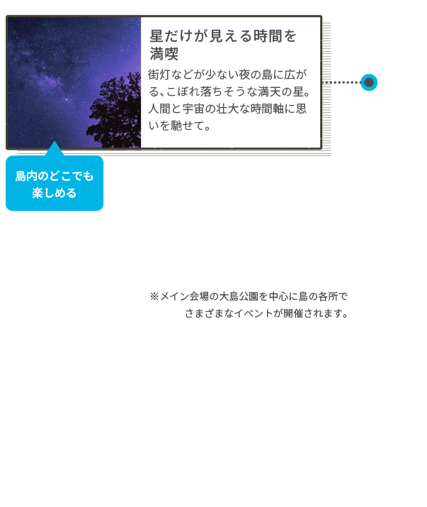 星だけが見える時間を満喫 街灯などが少ない夜の島に広がる、こぼれ落ちそうな満天の星。人間と宇宙の壮大な時間軸に思いを馳せて。 島内のどこでも楽しめる ※メイン会場の大島公園を中心に島の各所でさまざまなイベントが開催されます。
