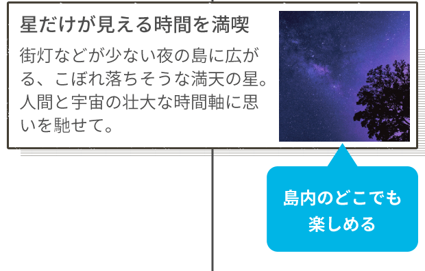 星だけが見える時間を満喫 街灯などが少ない夜の島に広がる、こぼれ落ちそうな満天の星。人間と宇宙の壮大な時間軸に思いを馳せて。 島内のどこでも楽しめる