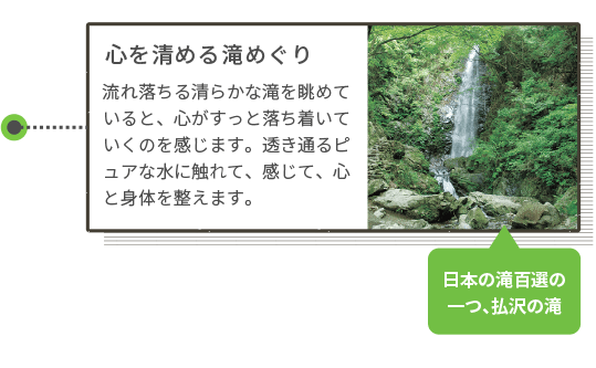 心を清める滝めぐり 流れ落ちる清らかな滝を眺めていると、心がすっと落ち着いていくのを感じます。透き通るピュアな水に触れて、感じて、心と身体を整えます。