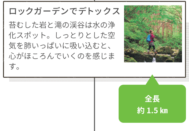 ロックガーデンでデトックス 苔むした岩と滝の渓谷は水の浄化スポット。しっとりとした空気を肺いっぱいに吸い込むと、心がほころんでいくのを感じます。