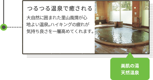 つるつる温泉で癒される 大自然に囲まれた里山風情が心地よい温泉。ハイキングの疲れが気持ち良さを一層高めてくれます。