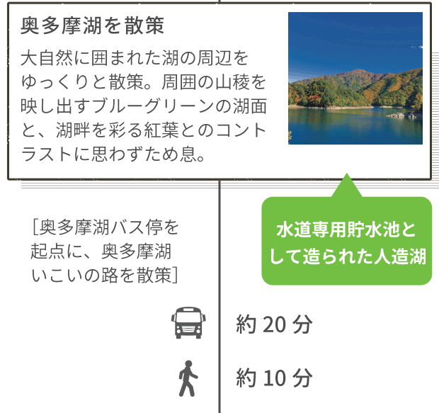 奥多摩湖を散策 大自然に囲まれた湖の周辺をゆっくりと散策。周囲の山稜を映し出すブルーグリーンの湖面と、湖畔を彩る紅葉とのコントラストに思わずため息。