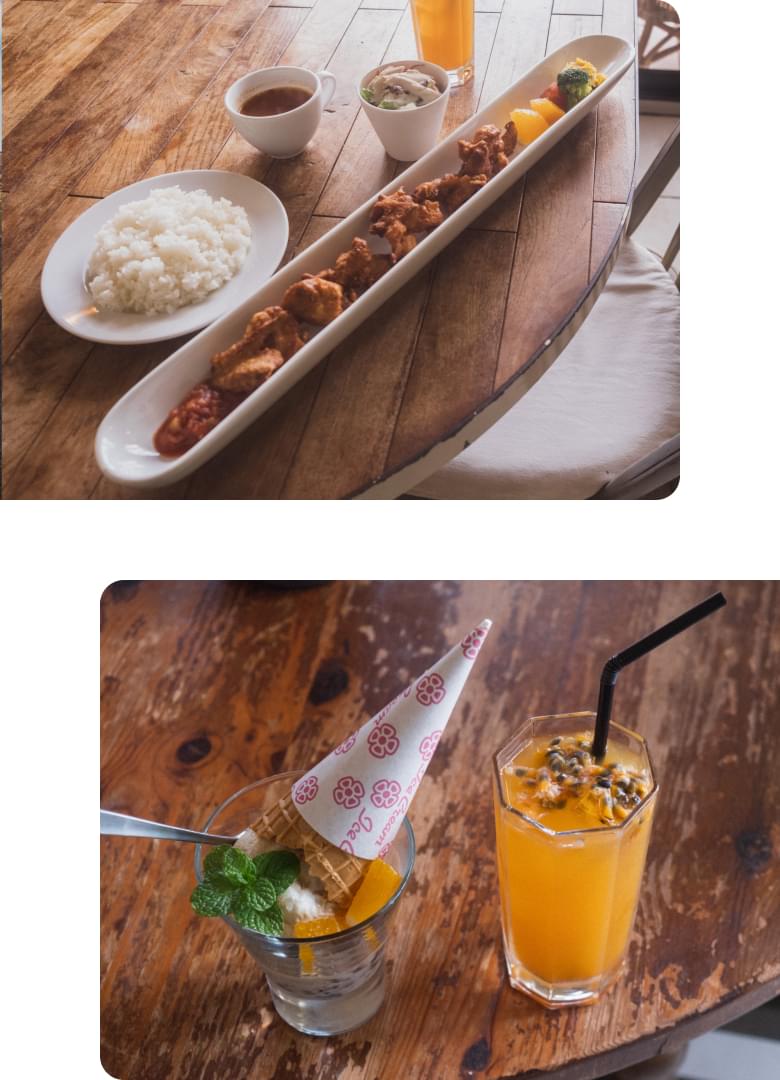 Terrace cafe Restaurant GIZMOの食事メニュー「チキンのハーブ唐揚げ」やアイスクリーム・パッションフルーツジュースの写真