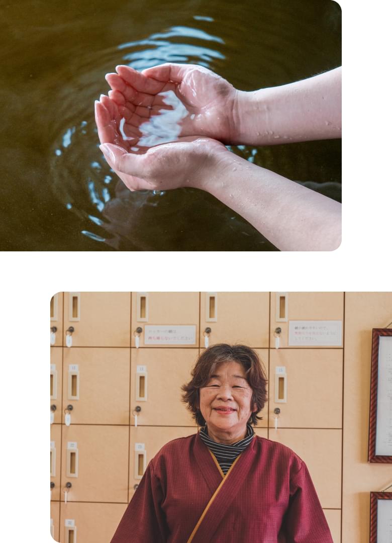 温泉のお湯を手に取った写真、ふるさとの湯に勤める宮原和代さんの写真