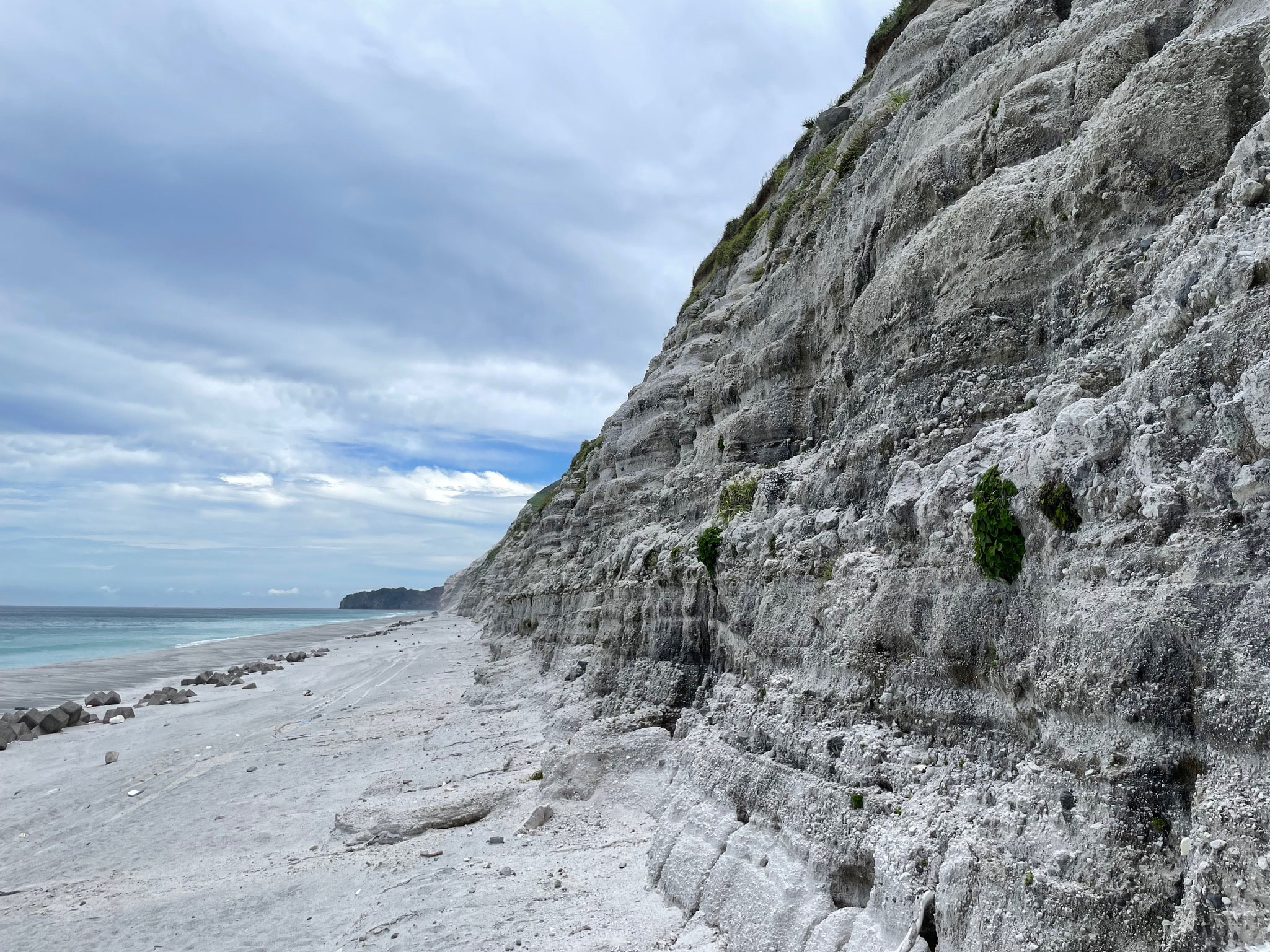 白っぽい断崖が浜に沿って続いている