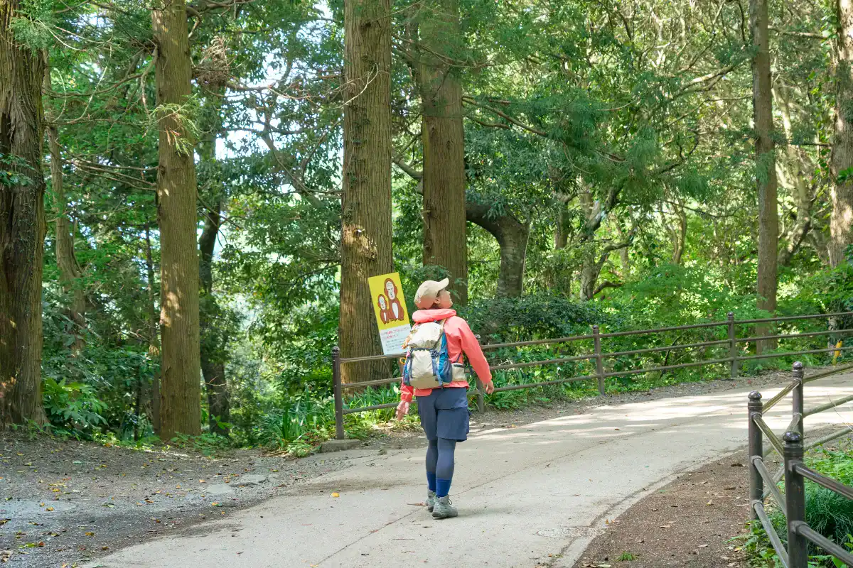 周りの景色を見渡しながら歩道を歩くかほさん