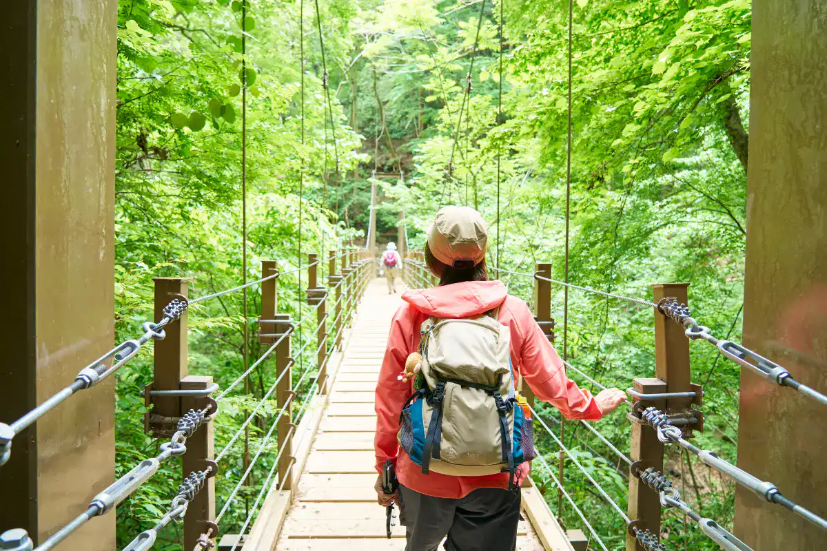 吊り橋の入り口から向こう岸を見つめるかほさん